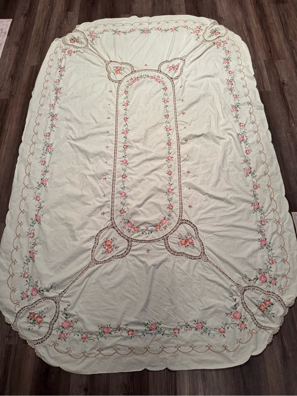 Vintage Cream Bedspread with Pink and Green Floral Embroidery